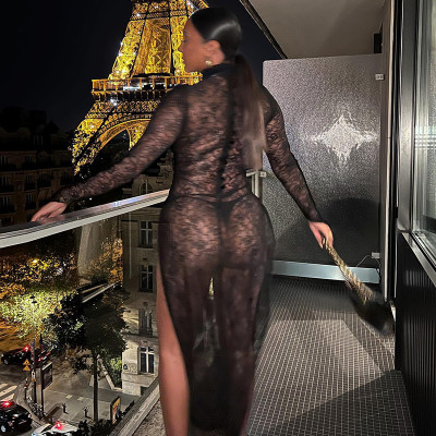 Sexy Lace Perspective Long Sleeve Split Dress