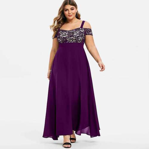 Oversized Off Shoulder Flower Lace Strap Chiffon Dress