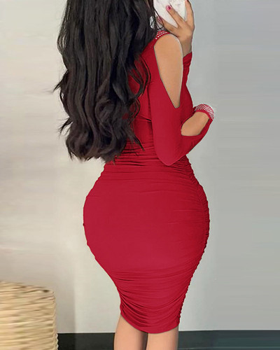 Slim Fit Pleated Long Sleeve Hot Diamond Wrapped Hip Tight Dress