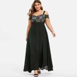 Oversized Off Shoulder Flower Lace Strap Chiffon Dress