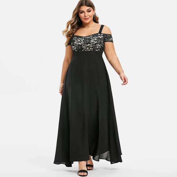 Oversized Off Shoulder Flower Lace Strap Chiffon Dress