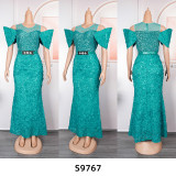 Women's Large Bead Mesh Flower Long Dress