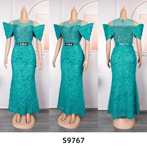 Women's Large Bead Mesh Flower Long Dress