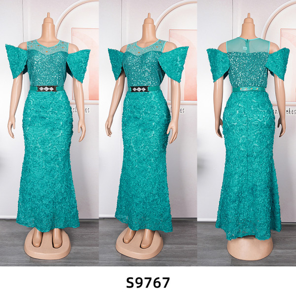 Women's Large Bead Mesh Flower Long Dress
