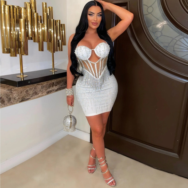 Women's hot diamond pearl hollow diamond strip wrapped hip elastic suspender dress