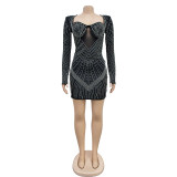 Women's solid color mesh hot diamond long sleeved short skirt