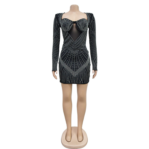 Women's solid color mesh hot diamond long sleeved short skirt