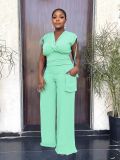 Drawstring high waisted women's loose straight leg pants two-piece set
