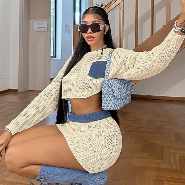 Denim collage long sleeved sweater slim fit knitted short skirt set