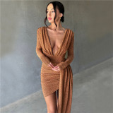 Long sleeved sexy V-neck slim fit and hip wrap style dress