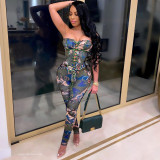 Print strap zipper waist tight high waisted pants two-piece set