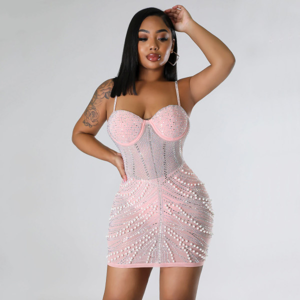 Tight mesh hot diamond camisole dress