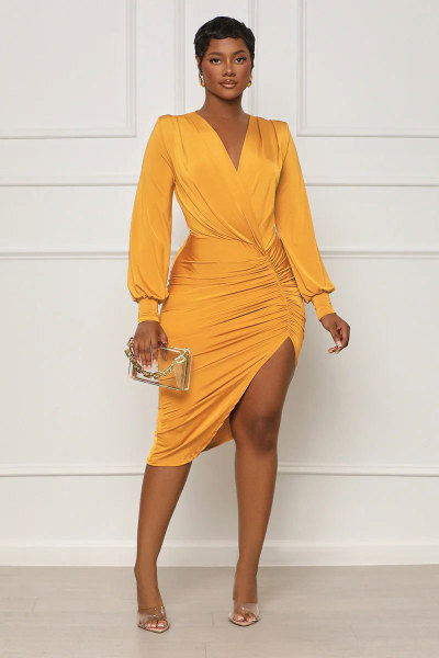 Long sleeved, high waisted, slim fit, irregular buttocks wrapped dress