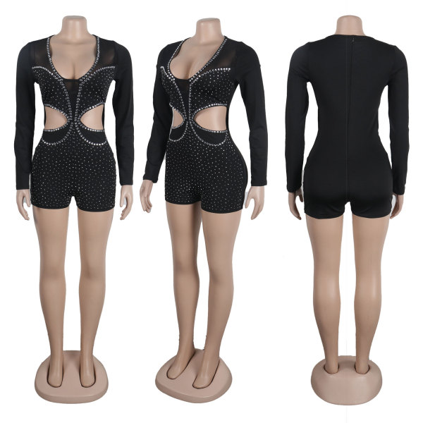 Sexy Hot Diamond Hollow Elastic Perspective jumpsuit