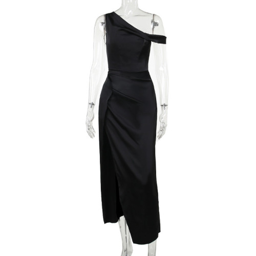 Women's waist tied fishbone satin slit dress