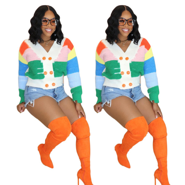 V-neck seven color patchwork three-dimensional knitted sweater