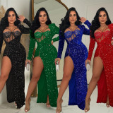 Women's solid color sequin sexy slit long dress