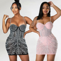 Tight mesh hot diamond camisole dress