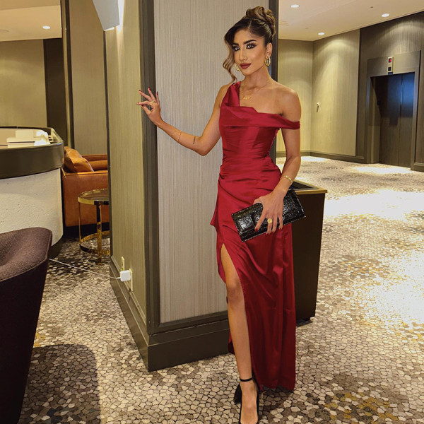 Women's waist tied fishbone satin slit dress