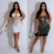 Women's hot diamond pearl hollow diamond strip wrapped hip elastic suspender dress Women's hot diamond pearl hollow diamond strip wrapped hip elastic suspender dress