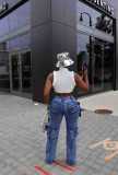 Multi pocket workwear pants with mid waist washed straight leg jeans