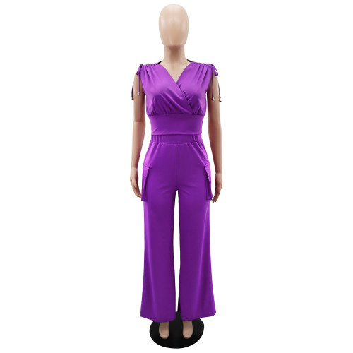 Drawstring high waisted women's loose straight leg pants two-piece set