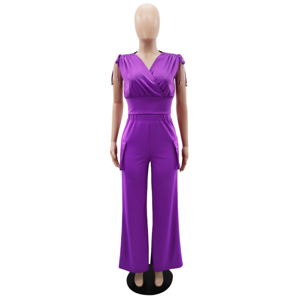 Drawstring high waisted women's loose straight leg pants two-piece set
