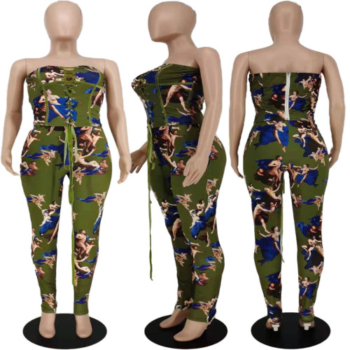 Print strap zipper waist tight high waisted pants two-piece set