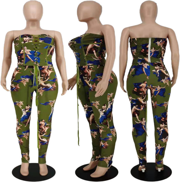 Print strap zipper waist tight high waisted pants two-piece set