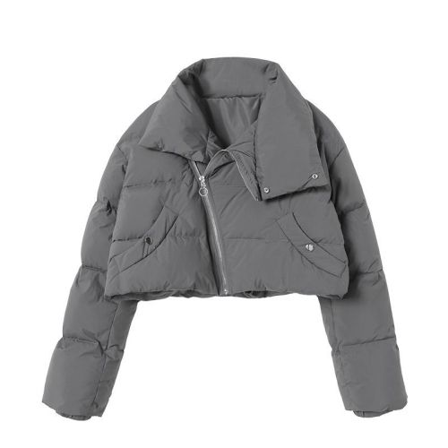 Short cotton jacket with diagonal zipper, high collar, windproof and thick coat