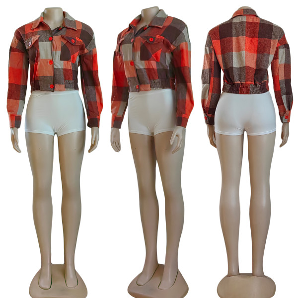 Lapel women's woolen plaid waistband jacket