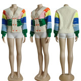 V-neck seven color patchwork three-dimensional knitted sweater