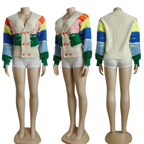 V-neck seven color patchwork three-dimensional knitted sweater