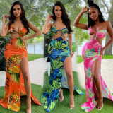 Women's printed sexy split strap dress