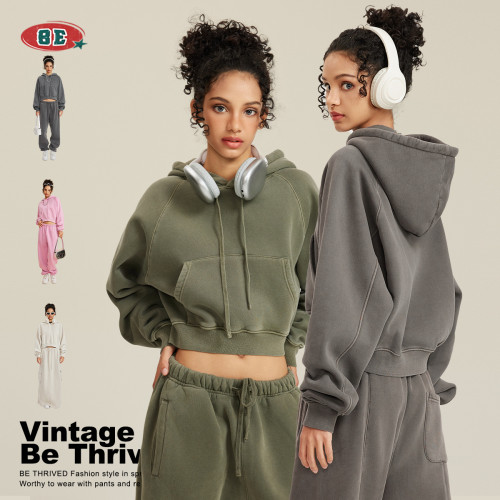 Washed plush short hooded women's hoodie