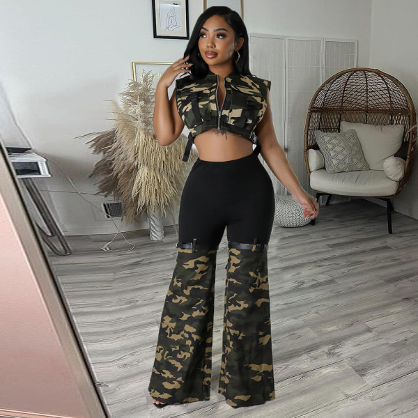 Camouflage long sleeved set, personalized waist revealing elastic denim belt and pants set