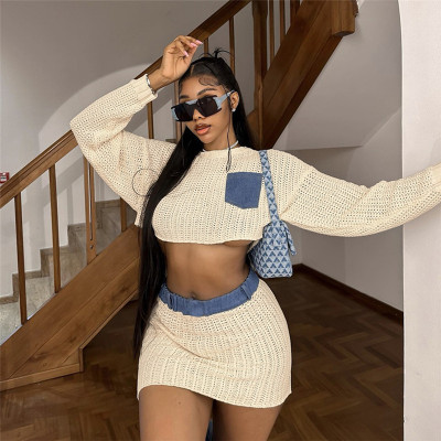 Denim collage long sleeved sweater slim fit knitted short skirt set