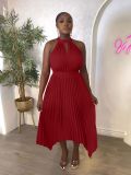 Sleeveless irregular hem pleated hanging neck dress
