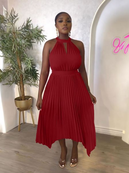 Sleeveless irregular hem pleated hanging neck dress