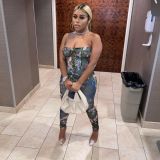 Print strap zipper waist tight high waisted pants two-piece set
