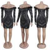 Women's Hot Diamond Feather Elastic Straight Shoulder Bag Hip Dress