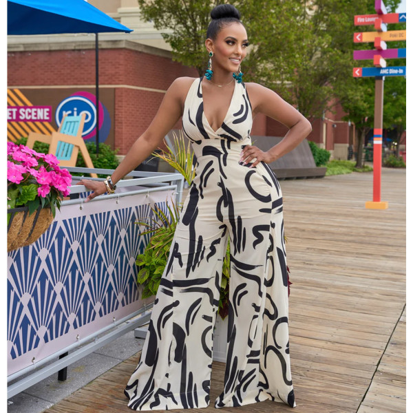 Women's sexy V-neck printed sleeveless jumpsuit