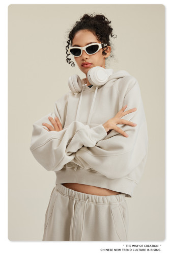 Washed plush short hooded women's hoodie