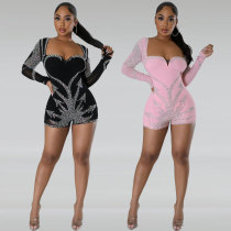 Sexy Hot Diamond Elastic Tight Long sleeved jumpsuit