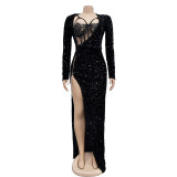 Women's solid color sequin sexy slit long dress