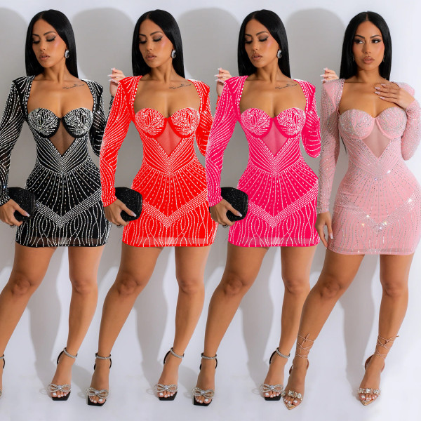Women's solid color mesh hot diamond long sleeved short skirt