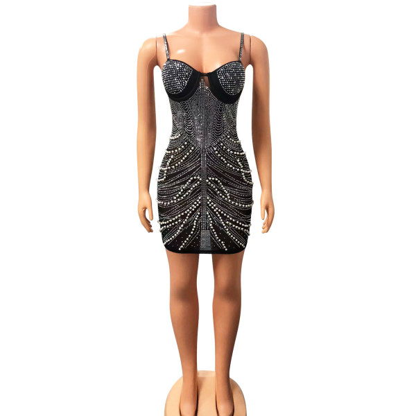 Tight mesh hot diamond camisole dress