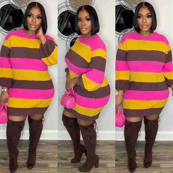Leisure contrasting knitted round neck women's dress sweater