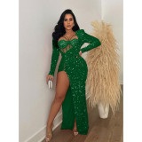 Women's solid color sequin sexy slit long dress