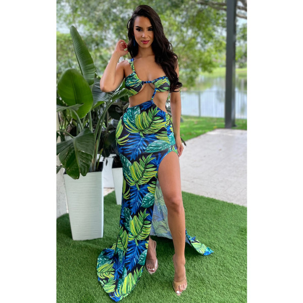 Women's printed sexy split strap dress